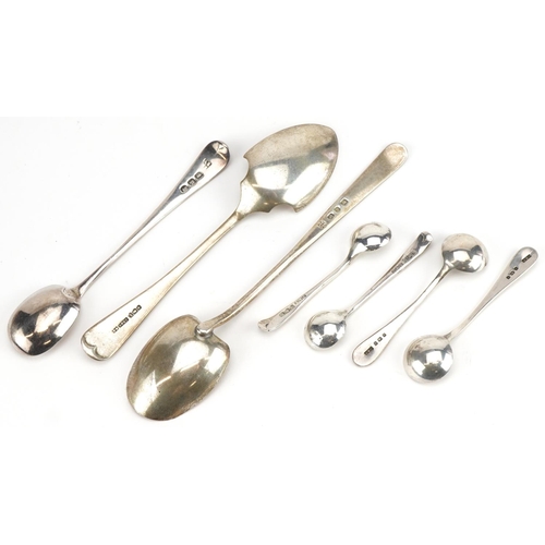 268A - Georgian and later silver spoons including mustard spoons, various hallmarks, the largest 15cm in le... 