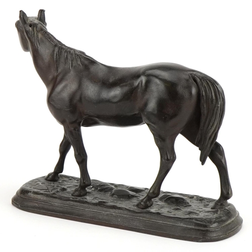 1154 - Patinated spelter horse impressed ER, 19cm in length