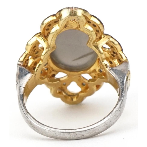 2144 - Antique style silver gilt cabochon moonstone and diamond cocktail ring, total diamond weight approxi... 