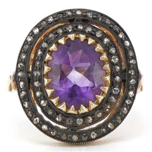 2079 - Antique style silver gilt amethyst and diamond cocktail ring, total diamond weight approximately 0.5... 