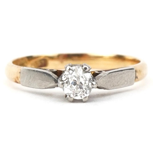 2164 - 18ct gold and platinum old cut diamond solitaire ring, the diamond approximately 0.35 carat, size L,... 