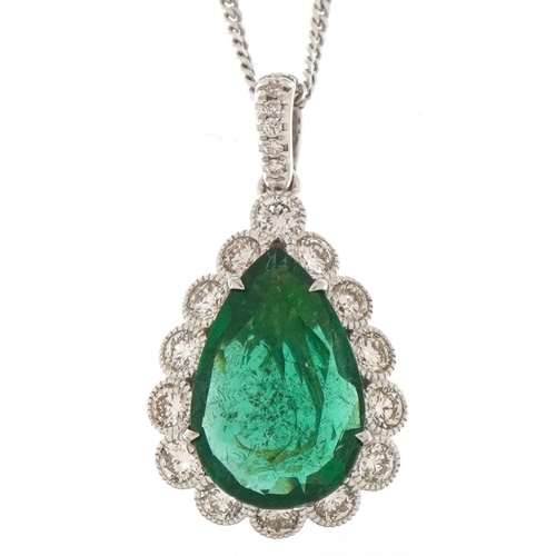18ct white and yellow gold emerald and diamond teardrop pendant on a silver necklace, the emerald approximately 2.41 carat, total diamond weight approximately 0.66 carat, the pendant 2.3cm high, 2.7g