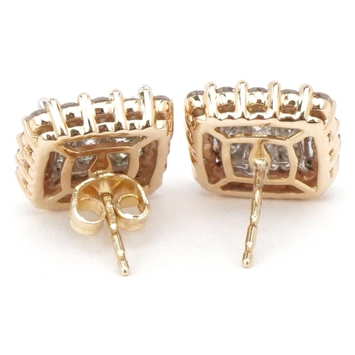 2037 - Pair of 9ct gold round brilliant cut and princess cut diamond cluster stud earrings, total diamond w... 