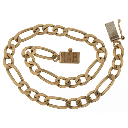 2169 - 9ct gold Figaro link bracelet, 18cm in length, 7.2g