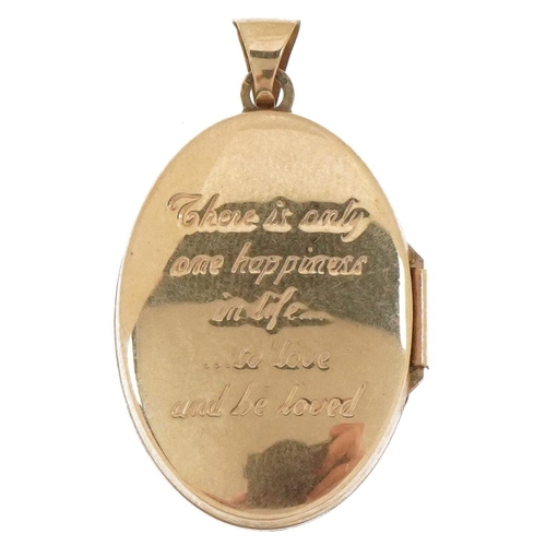 2054 - 9ct gold engraved love poem locket, 3.2cm high, 3.3g