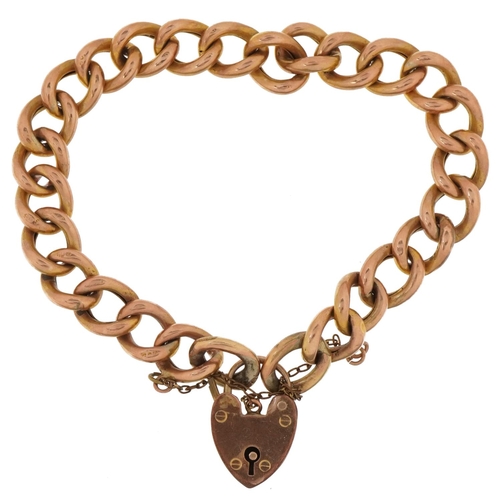 2172 - 9ct rose gold bracelet with 9ct gold love heart padlock, 18cm in length, 15.3g