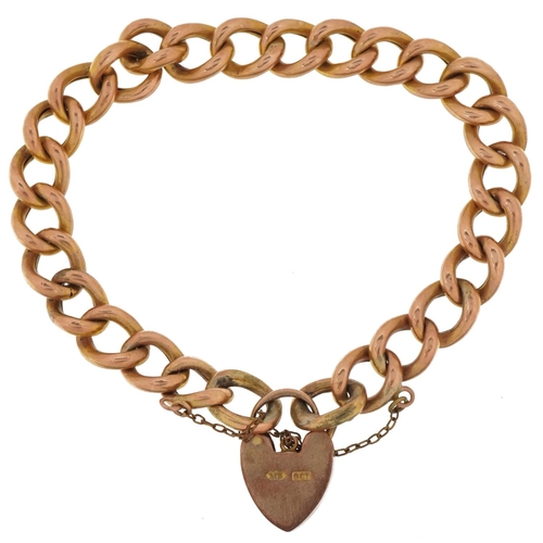 2172 - 9ct rose gold bracelet with 9ct gold love heart padlock, 18cm in length, 15.3g