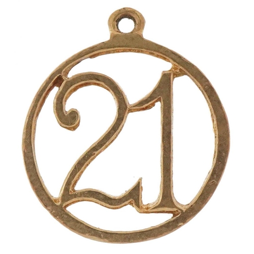 2708 - 9ct gold number 21 charm, 1.7cm high, 0.9g