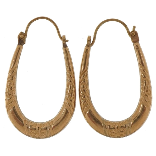 2131 - Pair of 9ct gold engraved hoop earrings, 2.5cm high, 1.2g