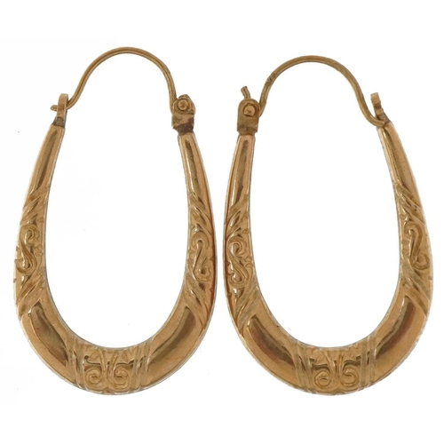 2131 - Pair of 9ct gold engraved hoop earrings, 2.5cm high, 1.2g