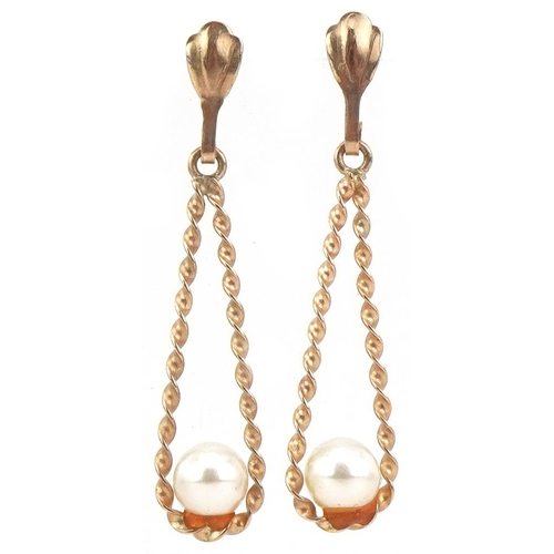 2618 - Pair of yellow metal simulated pearl drop earrings, 2.5cm high, 0.5g