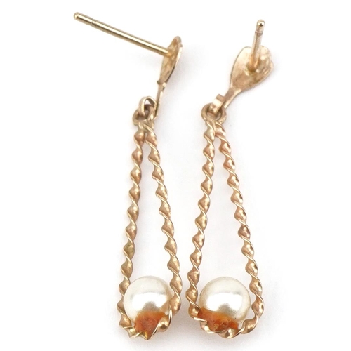 2618 - Pair of yellow metal simulated pearl drop earrings, 2.5cm high, 0.5g