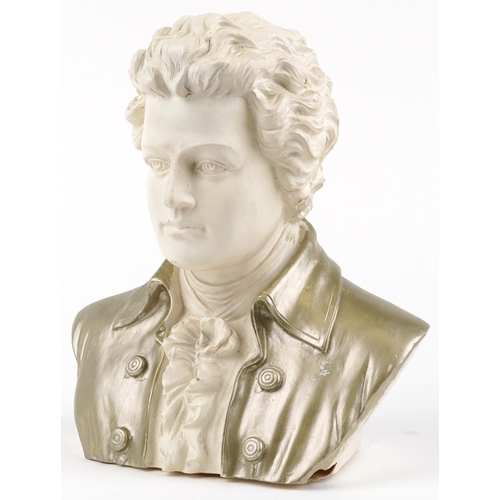 1098 - White and silver painted bust of Mozart, 31cm high