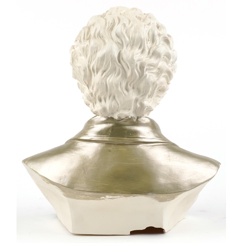 1098 - White and silver painted bust of Mozart, 31cm high