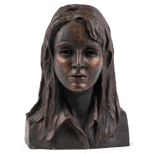 1234 - Mid century style bronzed bust of a young female, 41cm high