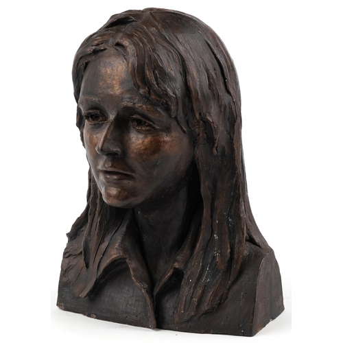 1234 - Mid century style bronzed bust of a young female, 41cm high