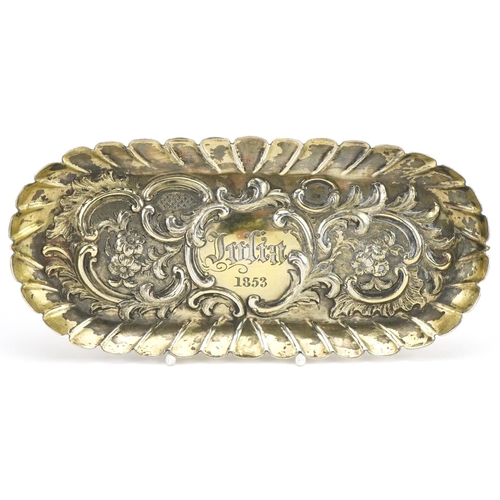 97 - Charles I silver gilt oval dish embossed with flowers and foliage, incomplete maker's mark London 16... 