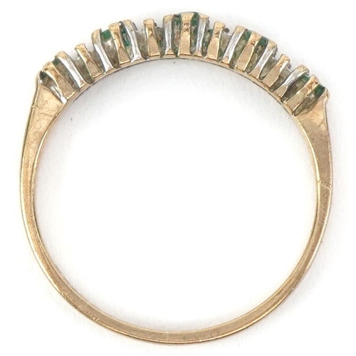 2146 - 9ct gold green and clear stone half eternity ring, size M, 1.6g