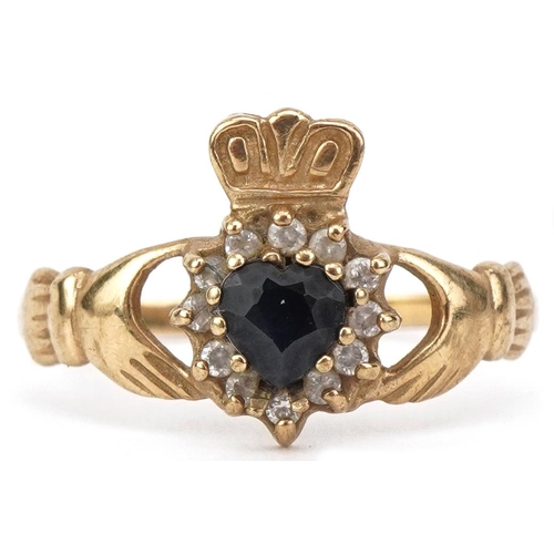 2132 - 9ct gold sapphire and cubic zirconia Claddagh ring, size U, 2.0g