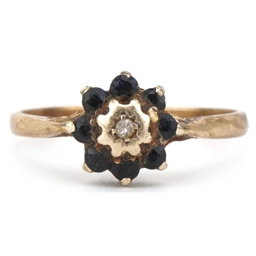 2158 - 9ct gold diamond and sapphire cluster ring, size Q, 2.0g