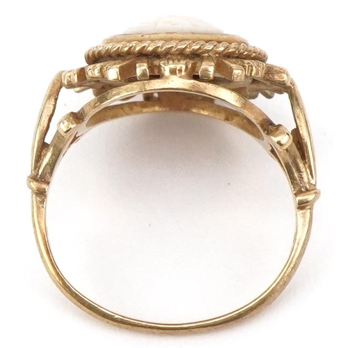 2128 - 9ct gold cameo shell ring carved with a maiden with ornate setting, size L, 4.5g