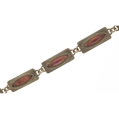 2751 - Jorgen Jensen, mid century Danish pewter and pink glass bracelet numbered 230A, 20cm in length, 24.6... 