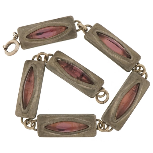 2751 - Jorgen Jensen, mid century Danish pewter and pink glass bracelet numbered 230A, 20cm in length, 24.6... 