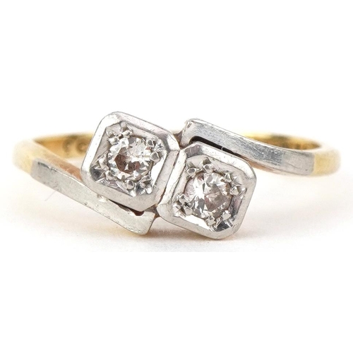 2727 - Art Deco 18ct gold diamond two stone crossover ring, total diamond weight approximately 0.15 carat, ... 