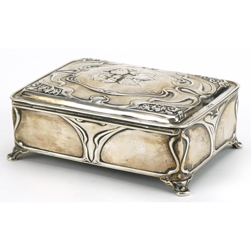 114 - Henry Matthews, Art Nouveau silver jewel box with hinged lid embossed with Putti and stylised motifs... 