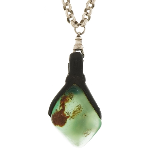 2778 - Polished green stone pendant, tests as emerald on a silver Belcher link chain, 4.8cm high and 78cm i... 