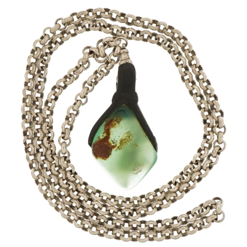 2778 - Polished green stone pendant, tests as emerald on a silver Belcher link chain, 4.8cm high and 78cm i... 