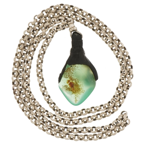 2778 - Polished green stone pendant, tests as emerald on a silver Belcher link chain, 4.8cm high and 78cm i... 