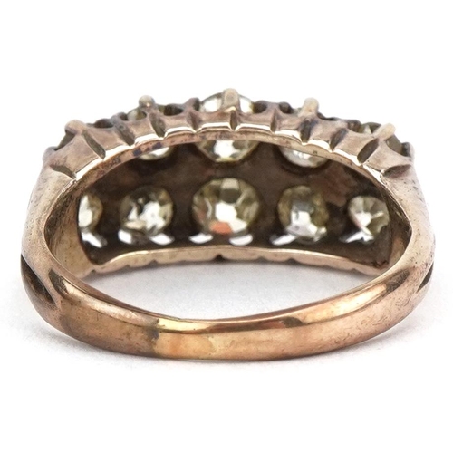 2008 - Antique unmarked gold diamond two row cluster ring, tests as 18ct gold, the largest diamonds approxi... 