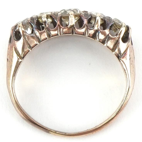 2008 - Antique unmarked gold diamond two row cluster ring, tests as 18ct gold, the largest diamonds approxi... 