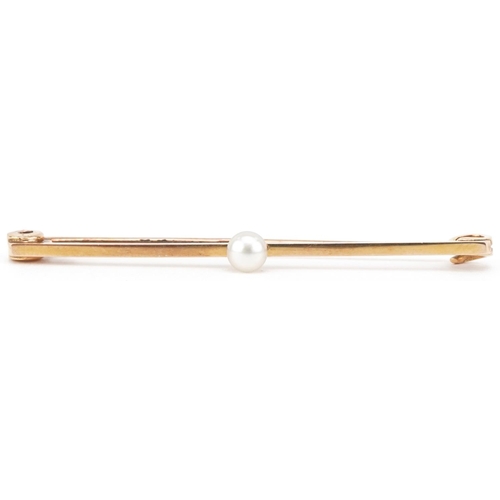 2695 - 15ct gold pearl bar brooch, 5cm wide, 2.6g