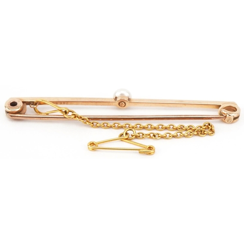 2695 - 15ct gold pearl bar brooch, 5cm wide, 2.6g