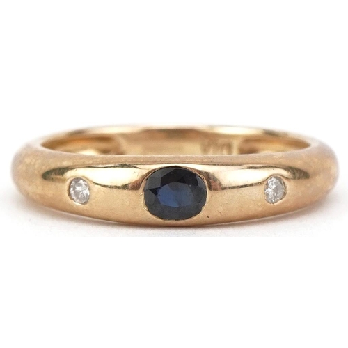 2770 - 9ct gold sapphire and diamond three stone ring, size M, 2.1g