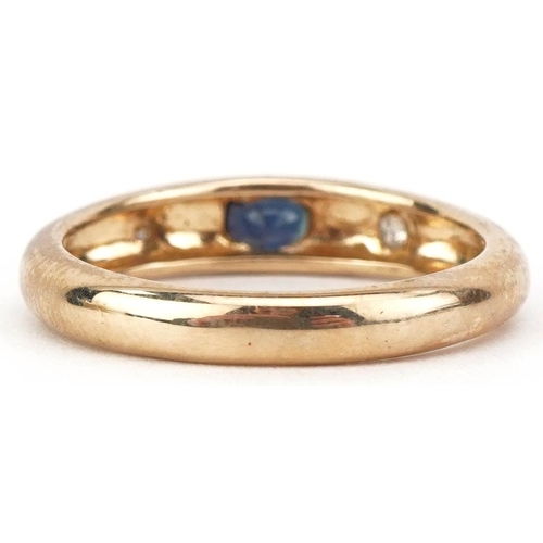 2770 - 9ct gold sapphire and diamond three stone ring, size M, 2.1g