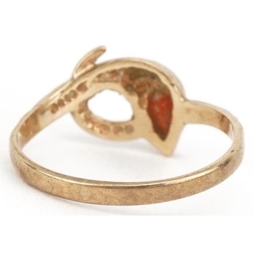 2188 - 9ct gold garnet serpent ring, size F, 0.9g