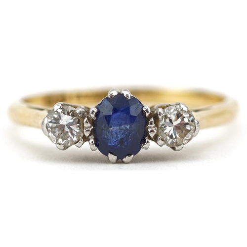 2142 - 18ct gold sapphire and diamond three stone ring, each diamond approximately 2.90mm in diameter, size... 