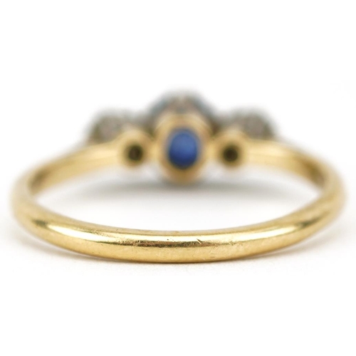 2142 - 18ct gold sapphire and diamond three stone ring, each diamond approximately 2.90mm in diameter, size... 