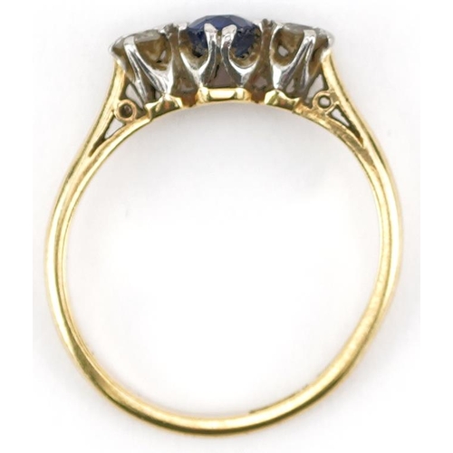 2142 - 18ct gold sapphire and diamond three stone ring, each diamond approximately 2.90mm in diameter, size... 