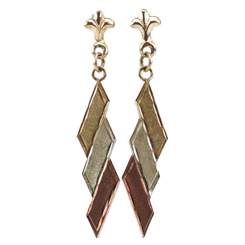 2648 - Pair of 9ct three tone gold drop earrings, 3.4cm high, 1.0g