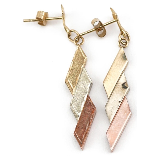 2648 - Pair of 9ct three tone gold drop earrings, 3.4cm high, 1.0g