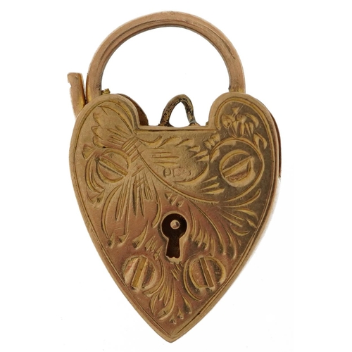 2183 - 9ct gold floral engraved love heart padlock, 2.6cm high, 3.5g