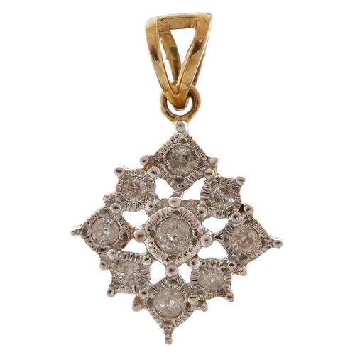 2151 - Unmarked gold diamond cluster pendant, total diamond weight approximately 0.24 carat, 2cm high, 1.7g