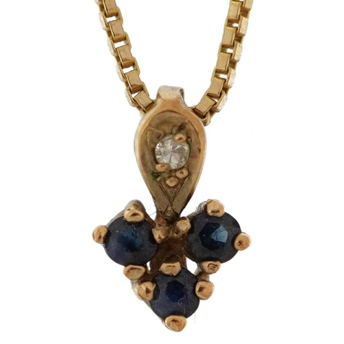 2125 - 9ct gold diamond and sapphire pendant on a 9ct gold box link necklace, 9.5mm high and 40cm in length... 