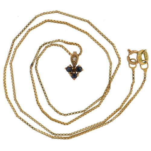 2125 - 9ct gold diamond and sapphire pendant on a 9ct gold box link necklace, 9.5mm high and 40cm in length... 