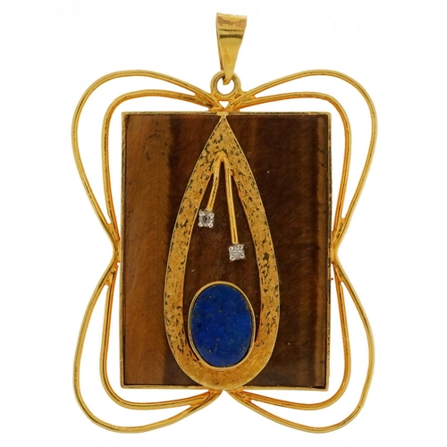 2140 - Modernist 18ct gold, diamond, tiger's eye and lapix lazuli pendant, 3.6cm high, 7.5g