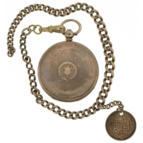 2735 - George V silver gentlemen's open face pocket watch on a graduated silver watch chain with 1888 shill... 